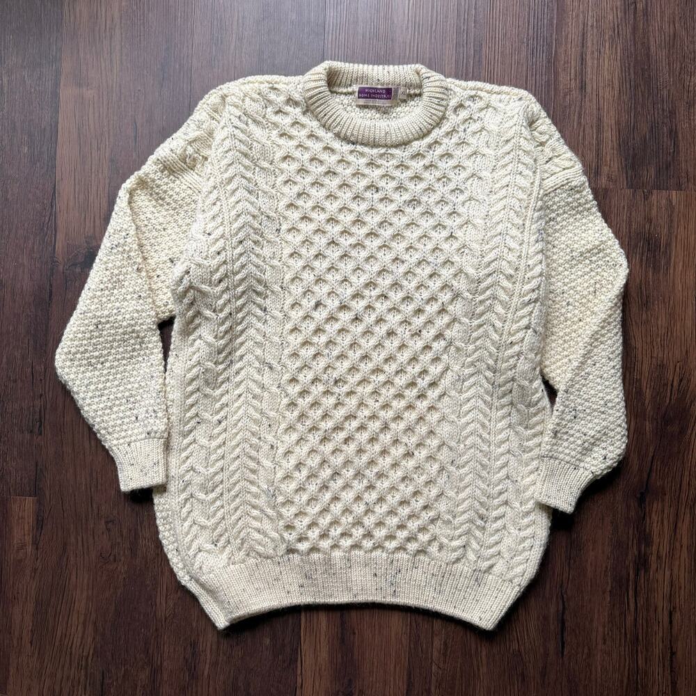 Highland Home Industries Wool Sweater Cream Cable Knit XL Scotland